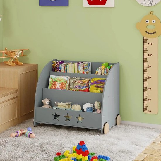 Bloominggoods® Kinderboekenkast - Boekenkast op Wielen - Boekenrek Kinderkamer - 3 Vaks Kinderplank - Rek Babykamer - Grijs