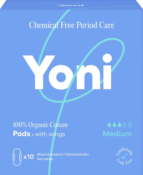 Yoni Maandverband - Medium - 100% Biologisch Katoenen - met vleugels - 10 stuks