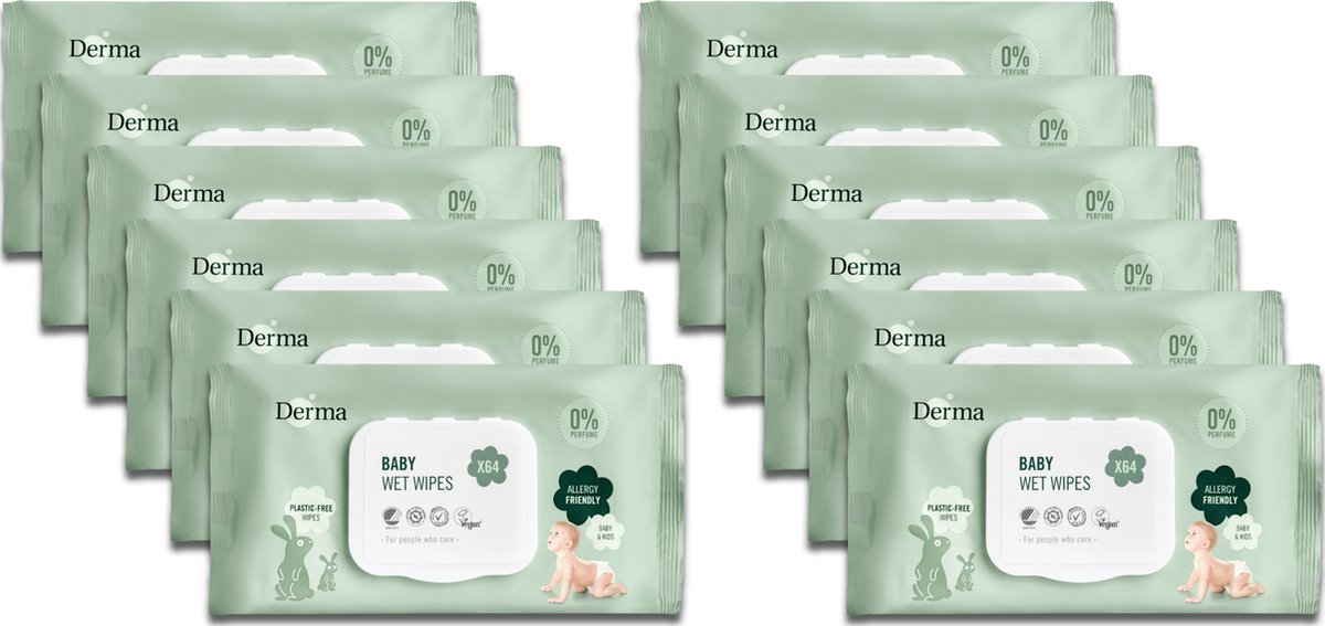 Goedkoopste Derma Eco Baby - Allergievrije en Eco-friendly Billendoekjes - 12 x 64 doekjes - 0 Parfum - Hypoallergeen