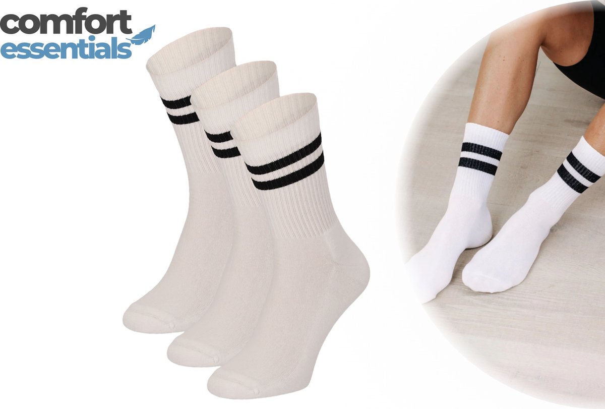 Comfort Essentials - Sportsokken Heren - 3 paar - Wit - Sport sokken Heren - Sokken met Strepen - Tennissokken Heren - Hardloopsokken Heren
