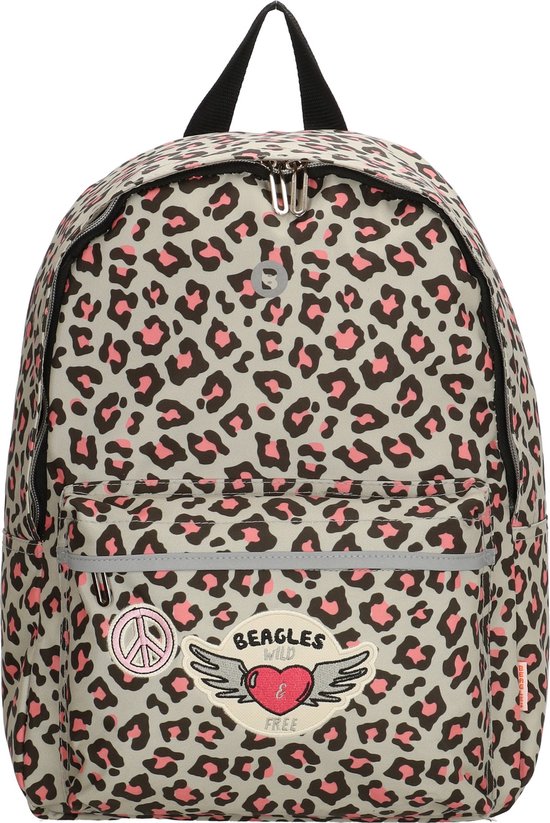 Grijze luipaardprint rugzak met 'Beagles Wild & Free' patch.