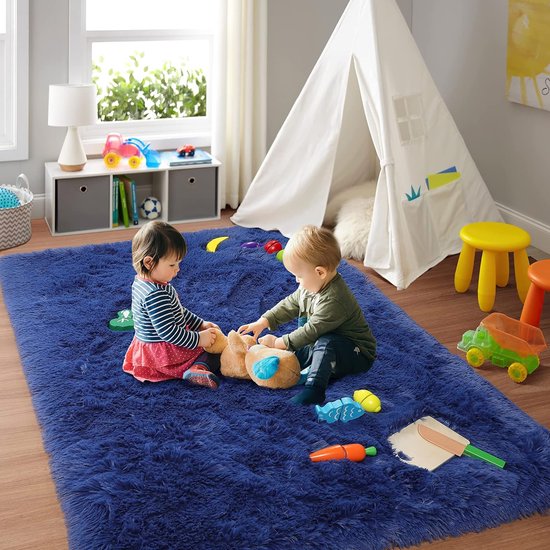 Hoogpolig tapijt voor de woonkamer, super zacht, shaggy tapijt, wollig, Soft Area Vloerkleed, slaapkamer, tapijten, super zacht, wollig, kindermat (blauw, 80 x 150 cm)