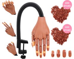 Oefenhand voor nagels - gratis 200 nepnagels (bruin) - Nailtrainer hand - Gellak oefenhand - Acryl oefenhand - Nepnagels - Gelnagels - Abs Manicure oefenhand - Flexible hand - Tafelklem-Nagelstudio - Nailart - Beginner oefenhand -Nagelstyliste