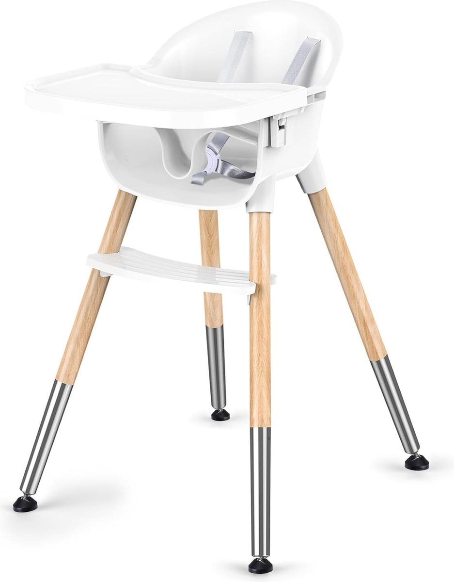 Babystoel, klassieke houten kinderstoel voor baby's en peuters, 5-punts riem, babystoel, afneembaar dienblad, ergonomische rugleuning, eenvoudig te monteren en te reinigen, licht, wit