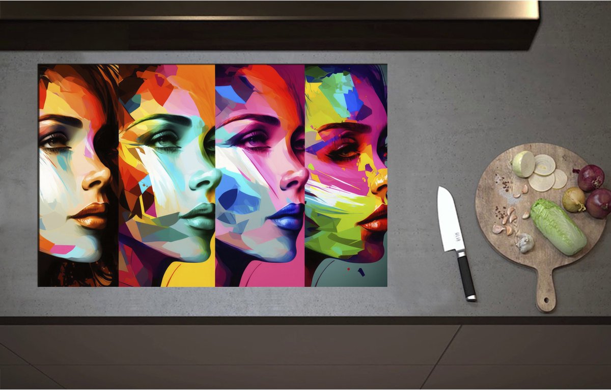 Inductieplaat Beschermer - Artistieke Collage van Zijaanzichten van Kleurrijke Vrouwen - 85x55 cm - 2 mm Dik - Inductie Beschermer - Bescherming Inductiekookplaat - Kookplaat Beschermer van Zwart Vinyl