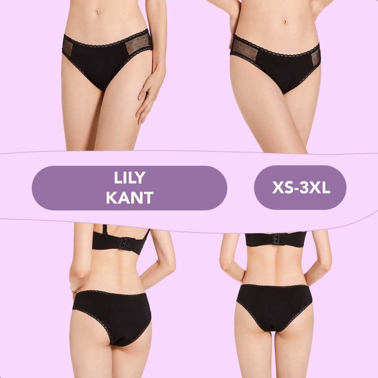 Quatre images d'une culotte noire avec des détails en dentelle, type Lily. Deux vues de côté et deux vues arrière sur des mannequins.