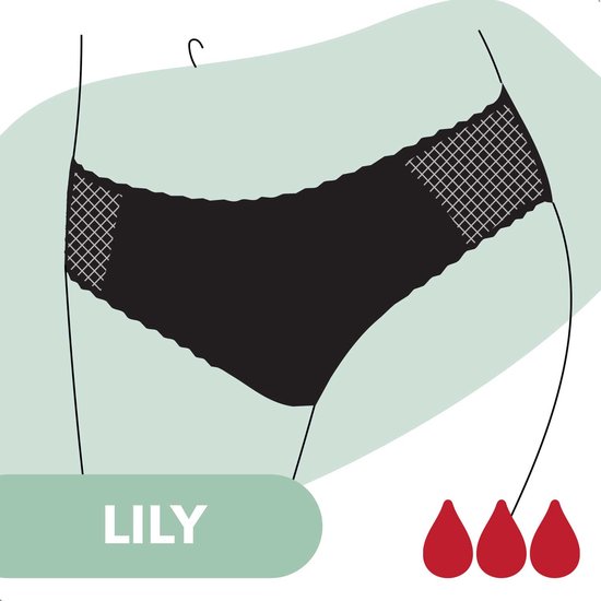 Culotte menstruelle noire modèle Lily avec détails en dentelle et motif quadrillé.