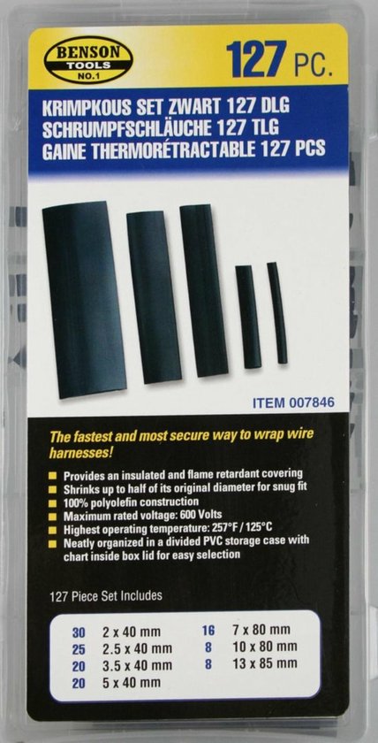 Verpakking Benson Tools 127 stuks krimpkousen zwart. Met afbeeldingen van de maten. Inclusief maattabel.