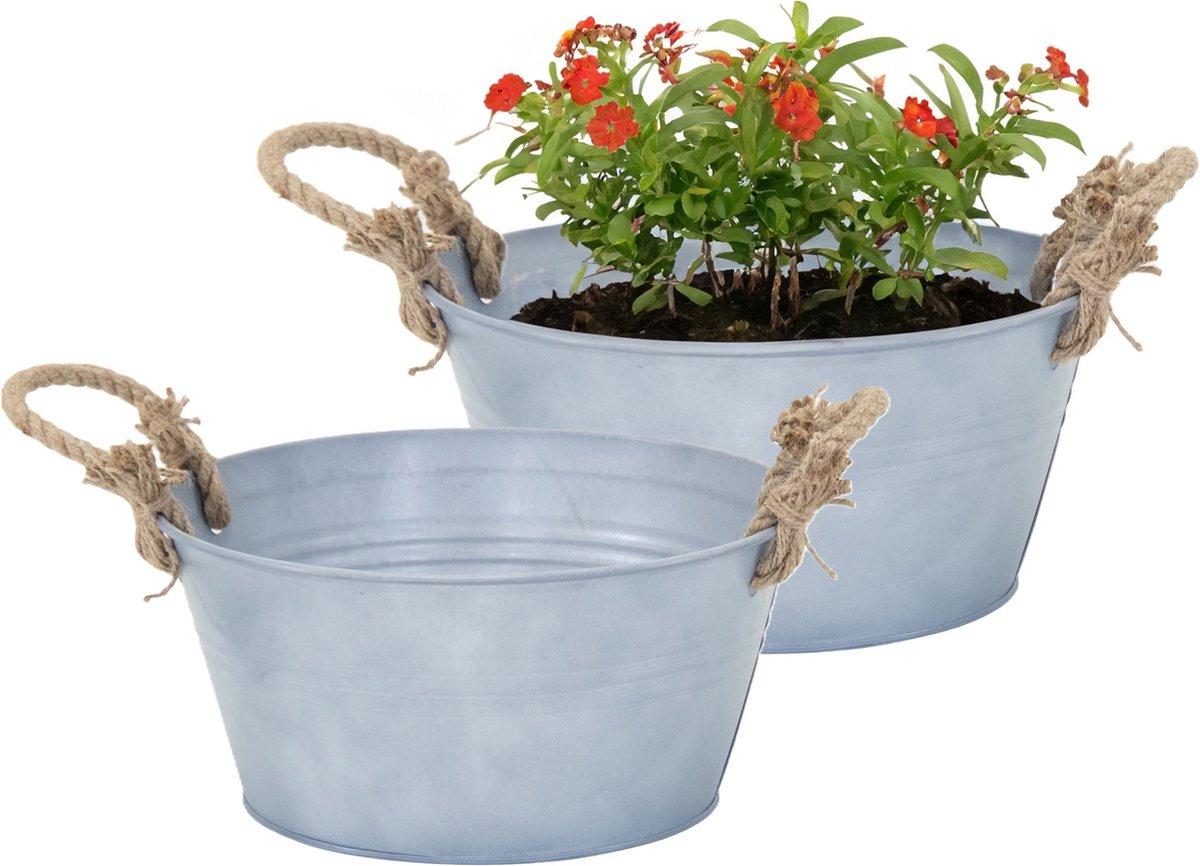 Goedkoopste Mega Collections Teil/plantenpot/bloempot Old Rope - 2x - zink - zilver - D30 X H14 cm