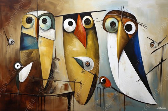 JJ-Art (Canvas) 120x80 | Vogels en kuiken op een tak, abstract surrealisme, Joan Miro stijl, humor, kunst | dier, vogel, uil, boom, rood, bruin, blauw, modern | Foto-Schilderij canvas print (wanddecoratie)