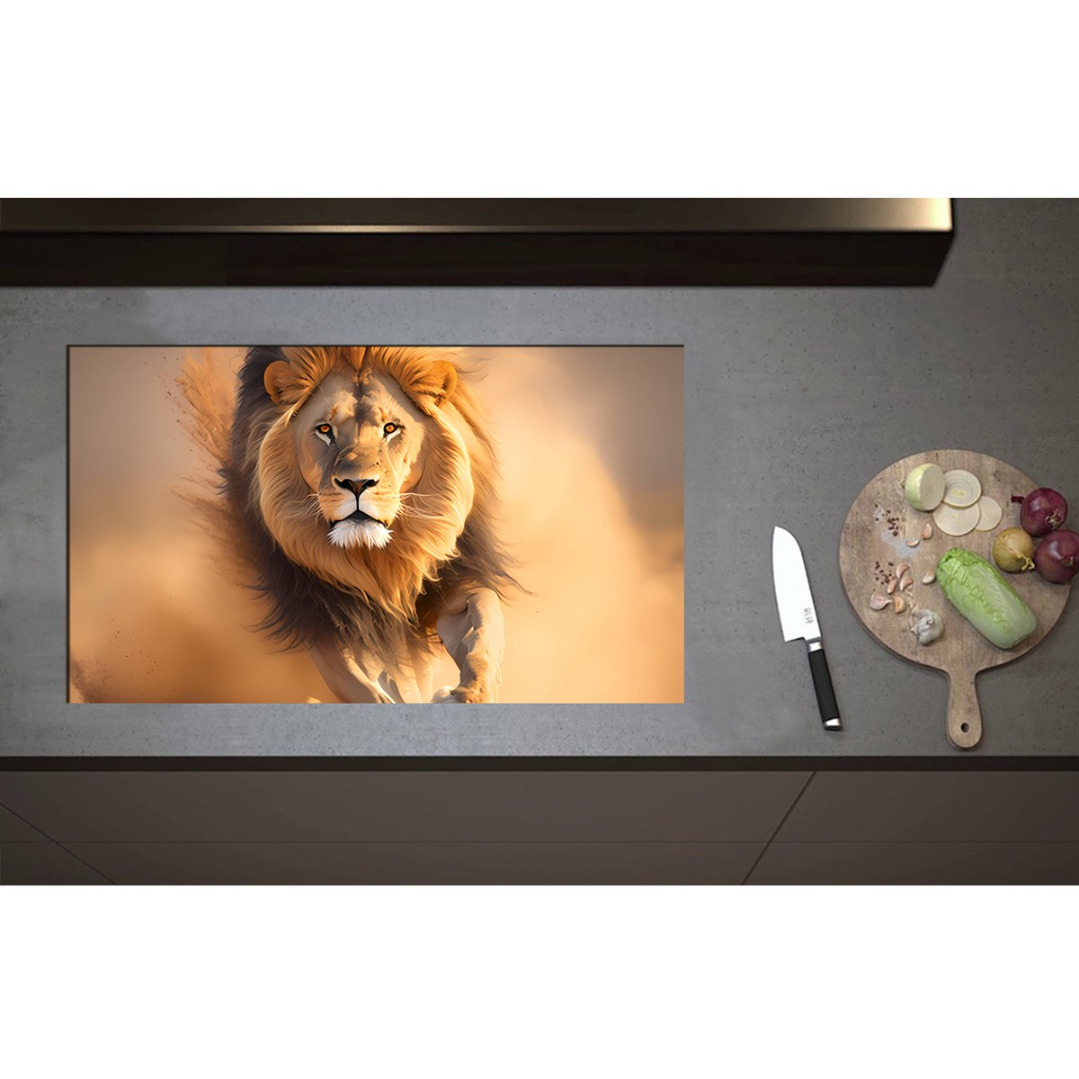 Inductieplaat Beschermer - Aanstormende Mannetjes Leeuw door het Afrikaanse Landschap - 85x50 cm - 2 mm Dik - Inductie Beschermer - Bescherming Inductiekookplaat - Kookplaat Beschermer van Wit Vinyl