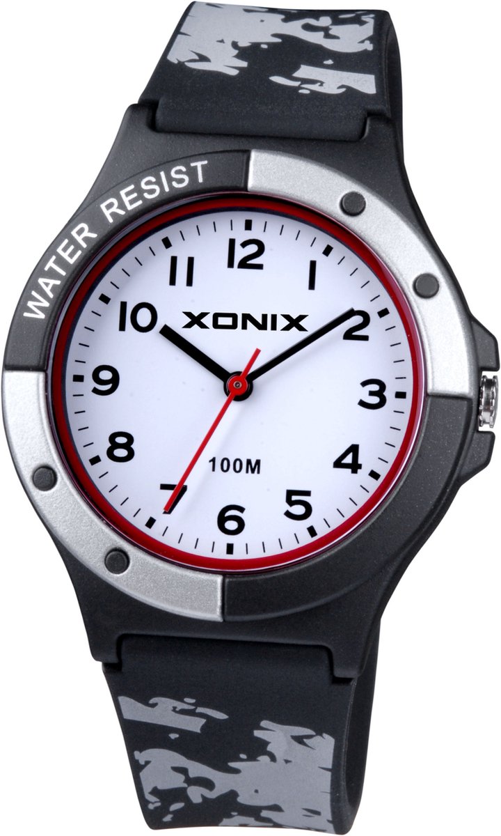 Xonix ABN-107 - Horloge - Analoog - Mannen - Heren - Siliconen band - ABS - Cijfers - Waterdicht - Zwart - Grijs - Rood - Wit - 10 ATM