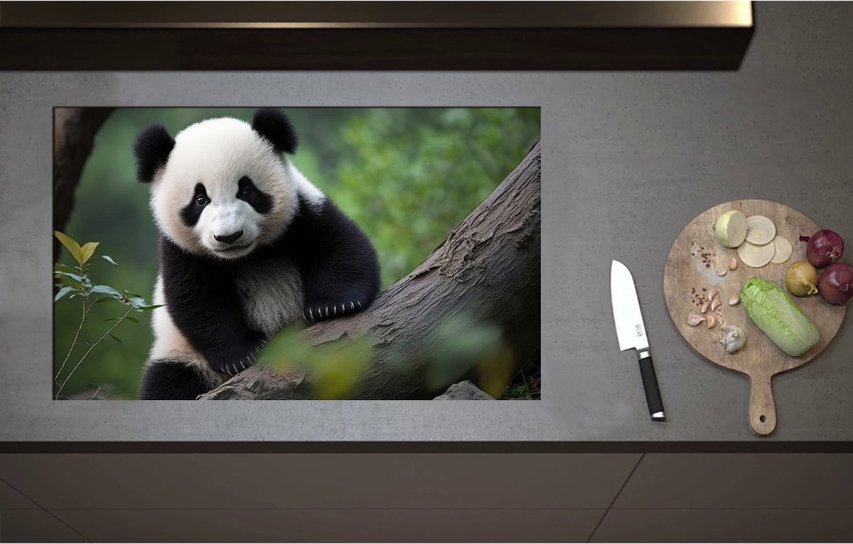 Inductieplaat Beschermer - Aankijkende Panda op Boomstam in het Bos - 85x52 cm - 2 mm Dik - Inductie Beschermer - Bescherming Inductiekookplaat - Kookplaat Beschermer van Wit Vinyl