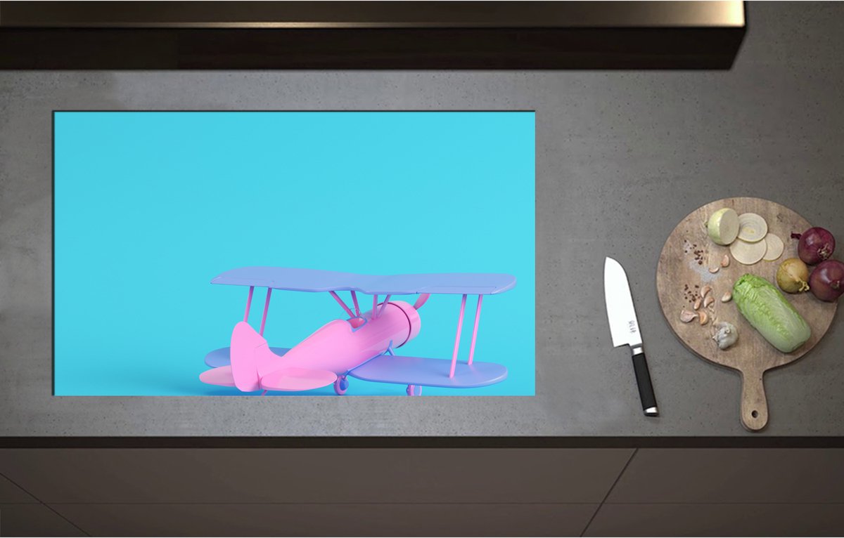 Inductieplaat Beschermer - Achteraanzicht van Roze Zweefvliegtuig tegen Felblauwe Achtergrond - 85x51 cm - 2 mm Dik - Inductie Beschermer - Bescherming Inductiekookplaat - Kookplaat Beschermer van Wit Vinyl