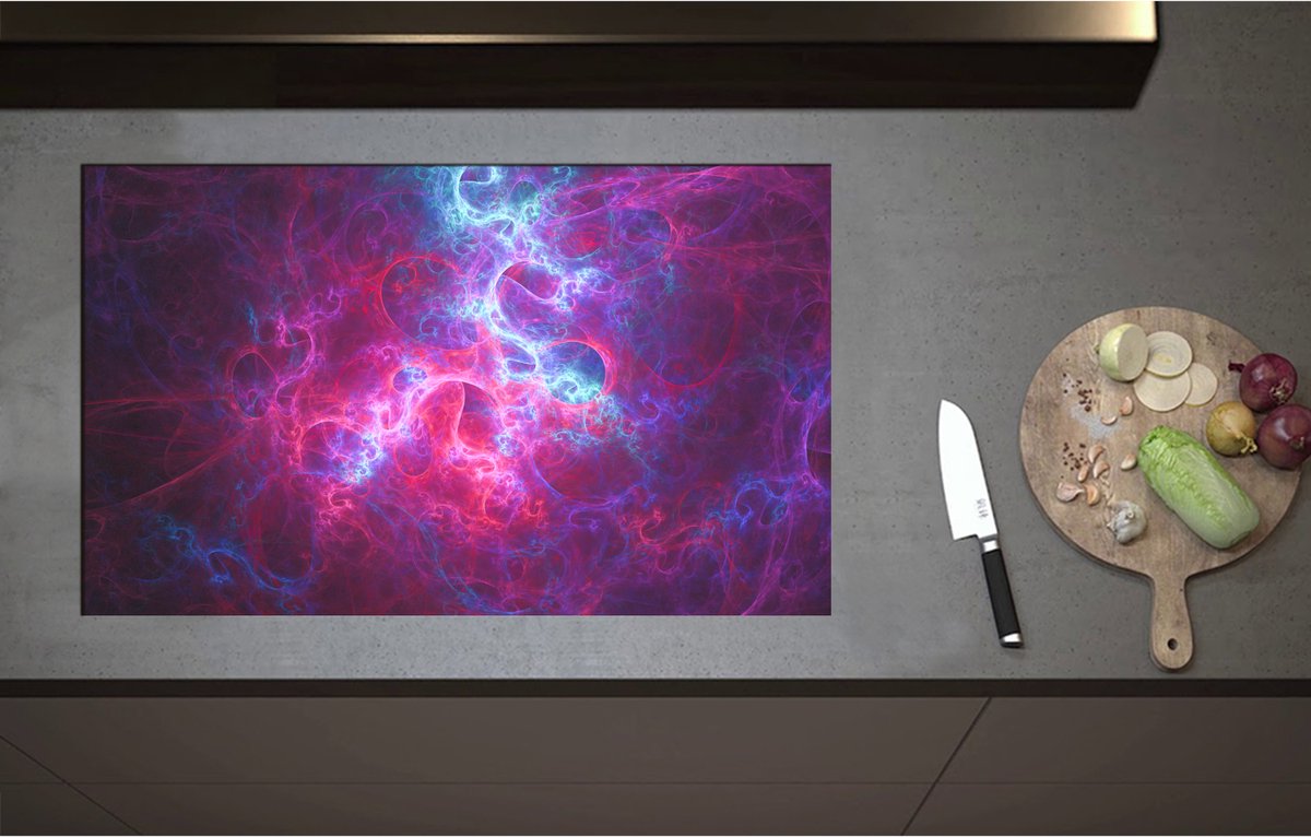 Inductieplaat Beschermer - Abstracte Vormen en Figuren in Paars met Blauwe Kleuren - 85x52 cm - 2 mm Dik - Inductie Beschermer - Bescherming Inductiekookplaat - Kookplaat Beschermer van Zwart Vinyl
