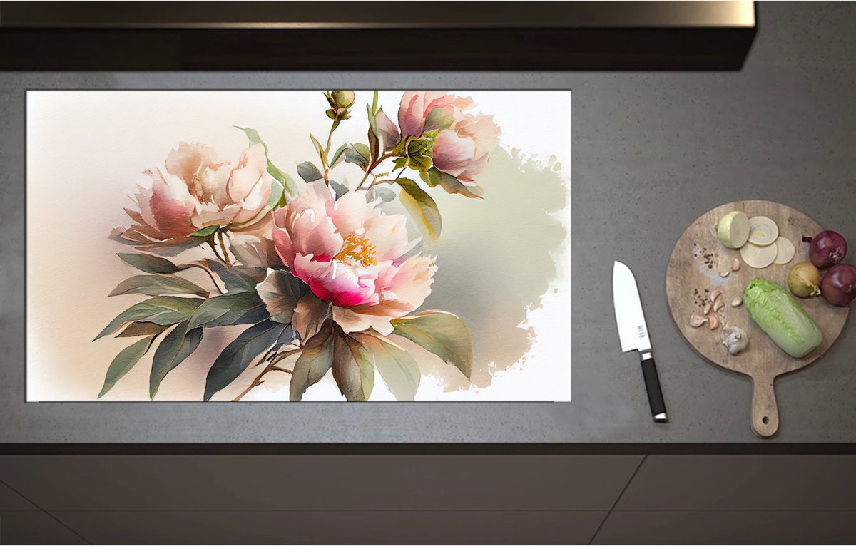 Inductieplaat Beschermer - Aquarel Tekening van Roze Bloemenboeket - 95x55 cm - 2 mm Dik - Inductie Beschermer - Bescherming Inductiekookplaat - Kookplaat Beschermer van Zwart Vinyl
