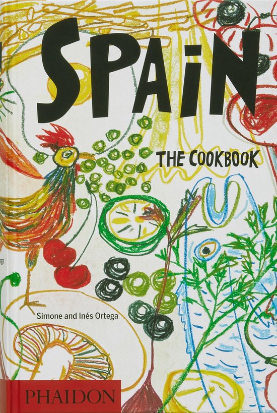 Kleurrijke, kinderlijke omslag van een kookboek met de tekst 'SPAIN THE COOKBOOK', getekend met vis, kersen en een haan.