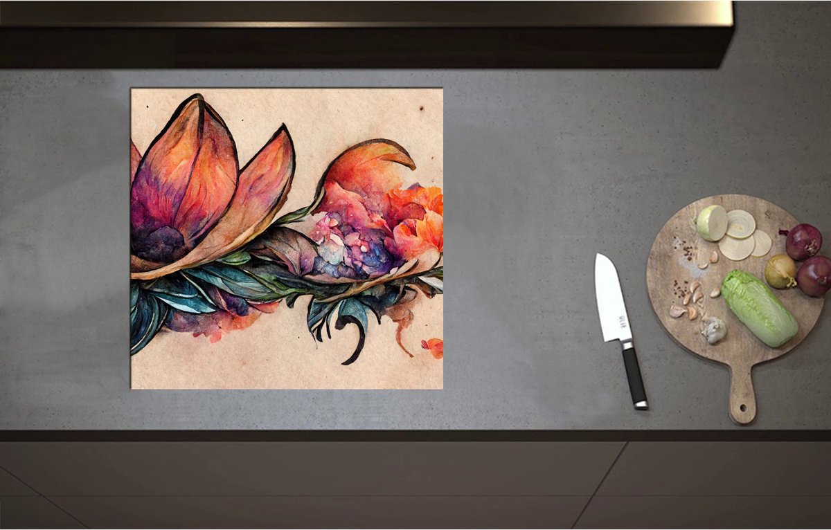 Inductieplaat Beschermer - Aquarel Tekening van Lelie Bloemen - 57x55 cm - 2 mm Dik - Inductie Beschermer - Bescherming Inductiekookplaat - Kookplaat Beschermer van Zwart Vinyl