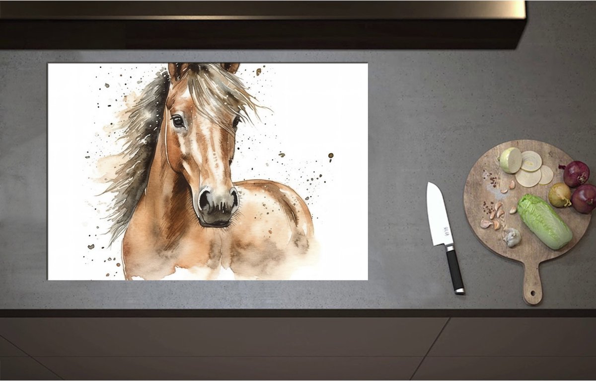 Inductieplaat Beschermer - Acryl Tekening van Kop en Hals van Bruin Paard - 80x55 cm - 2 mm Dik - Inductie Beschermer - Bescherming Inductiekookplaat - Kookplaat Beschermer van Wit Vinyl