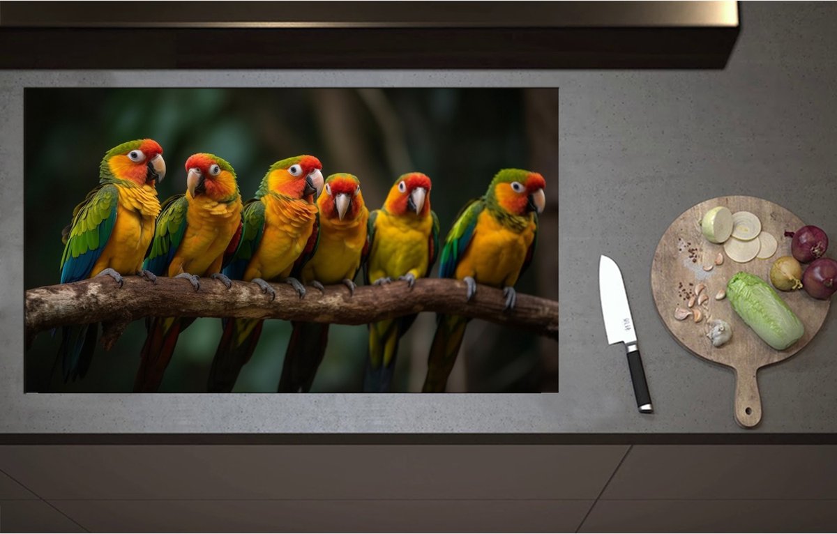 Inductieplaat Beschermer - Ara papegaaien zitten op een rijtje langs elkaar op een tak - 95x55 cm - 2 mm Dik - Inductie Beschermer - Bescherming Inductiekookplaat - Kookplaat Beschermer van Wit Vinyl