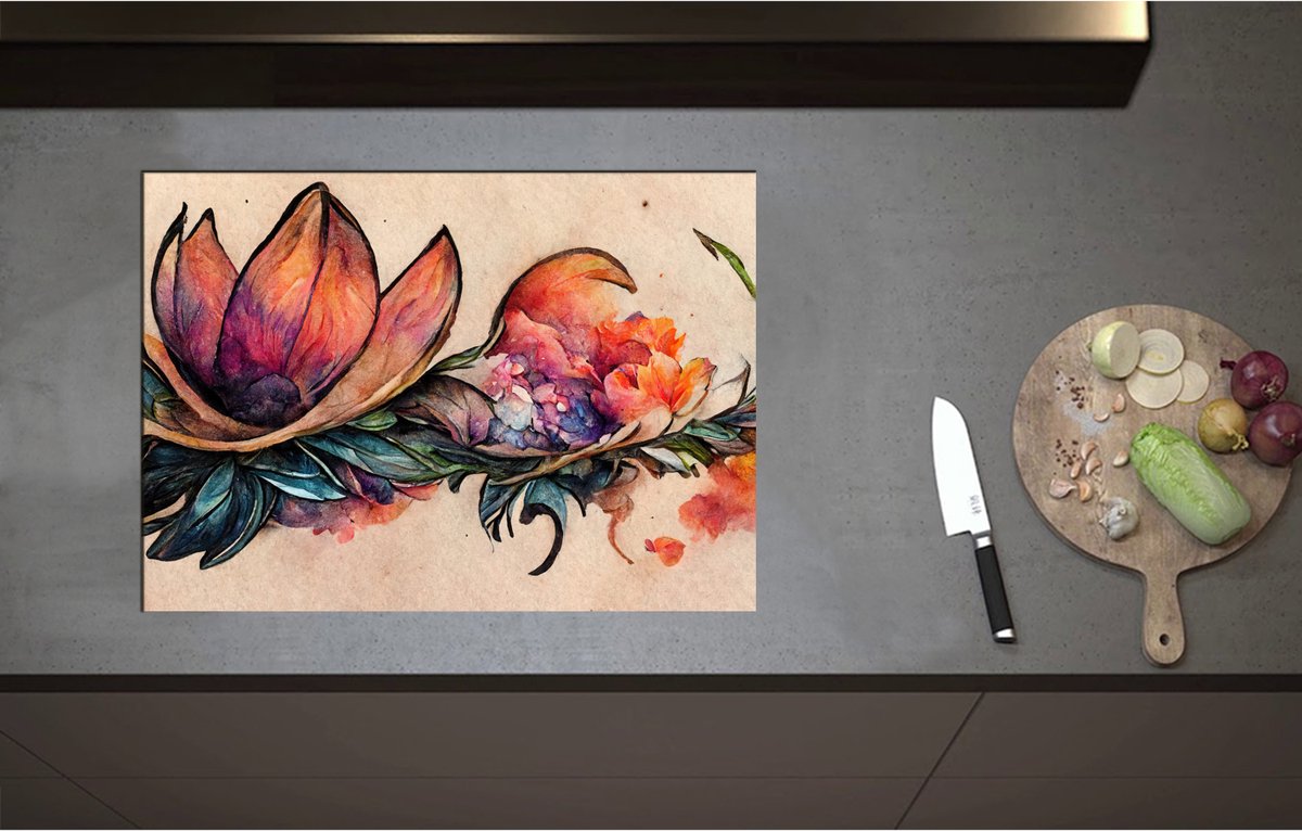 Inductieplaat Beschermer - Aquarel Tekening van Lelie Bloemen - 71x51 cm - 2 mm Dik - Inductie Beschermer - Bescherming Inductiekookplaat - Kookplaat Beschermer van Zwart Vinyl
