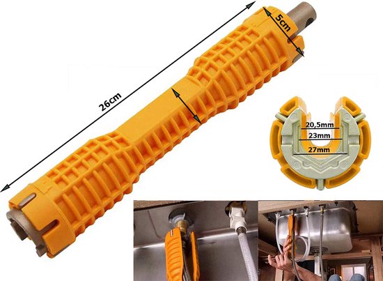 Gele kraansleutel met maten 26cm en 5cm, inclusief close-up van de bek met maten 20.5, 23, 27mm.