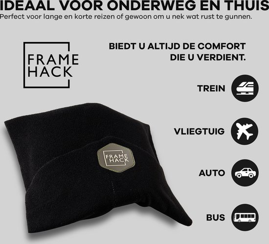 Framehack Zacht Travel Pillow Reiskussen - Neksteun Nek Support - Nekkussen - inclusief 3D slaapmasker & oordopjes – Zwart - Framehack