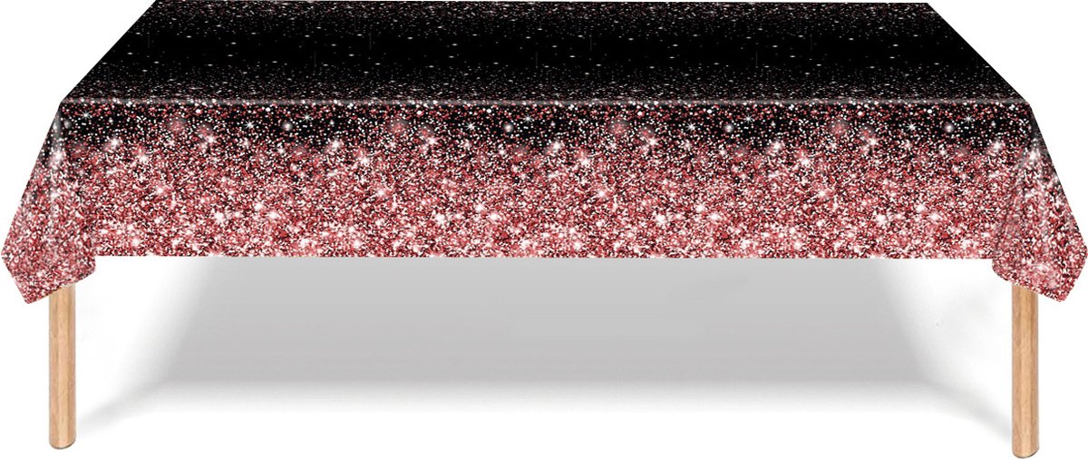 Tafelkleed Verjaardag Versiering Tafelloper Plastic Tafelzeil Zwart Rosegoud Glitter Feest Tafellaken Xl Formaat 137*274cm