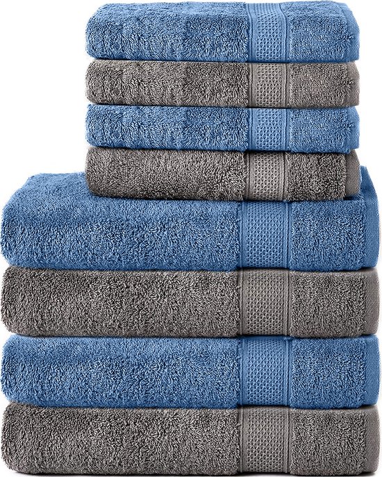 Komfortec Handdoekenset – Set van 8 - 4x Handdoek 50x100 cm en 4x Badhanddoek 70x140 cm - 100% Katoen - Antraciet&Lichtblauw