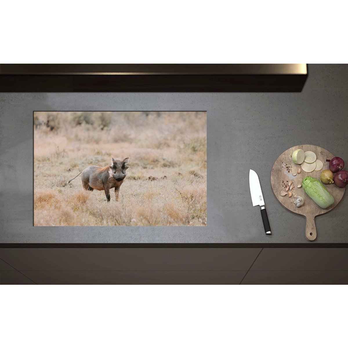 Inductieplaat Beschermer - Aankijkend Zwijn in Droog Afrikaans Landschap - 75x50 cm - 2 mm Dik - Inductie Beschermer - Bescherming Inductiekookplaat - Kookplaat Beschermer van Wit Vinyl