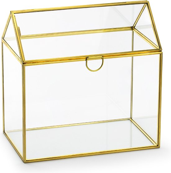 Glazen doos met gouden randen, vormgegeven als een huisje met een puntig dak.