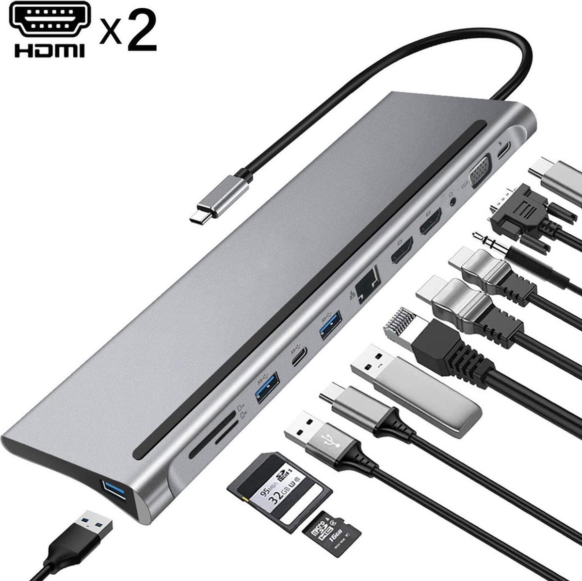 Multifunctionele 12-in-1 USB-C Hub Adapter - USB C Docking Station met Dual HDMI - USB 3.0 Hub - 3,5mm Jack - 1000MB LAN, SD & Micro SD Kaart Slot - 2 x HDMI - 100W Power Delivery en VGA-poort - Spacegrey