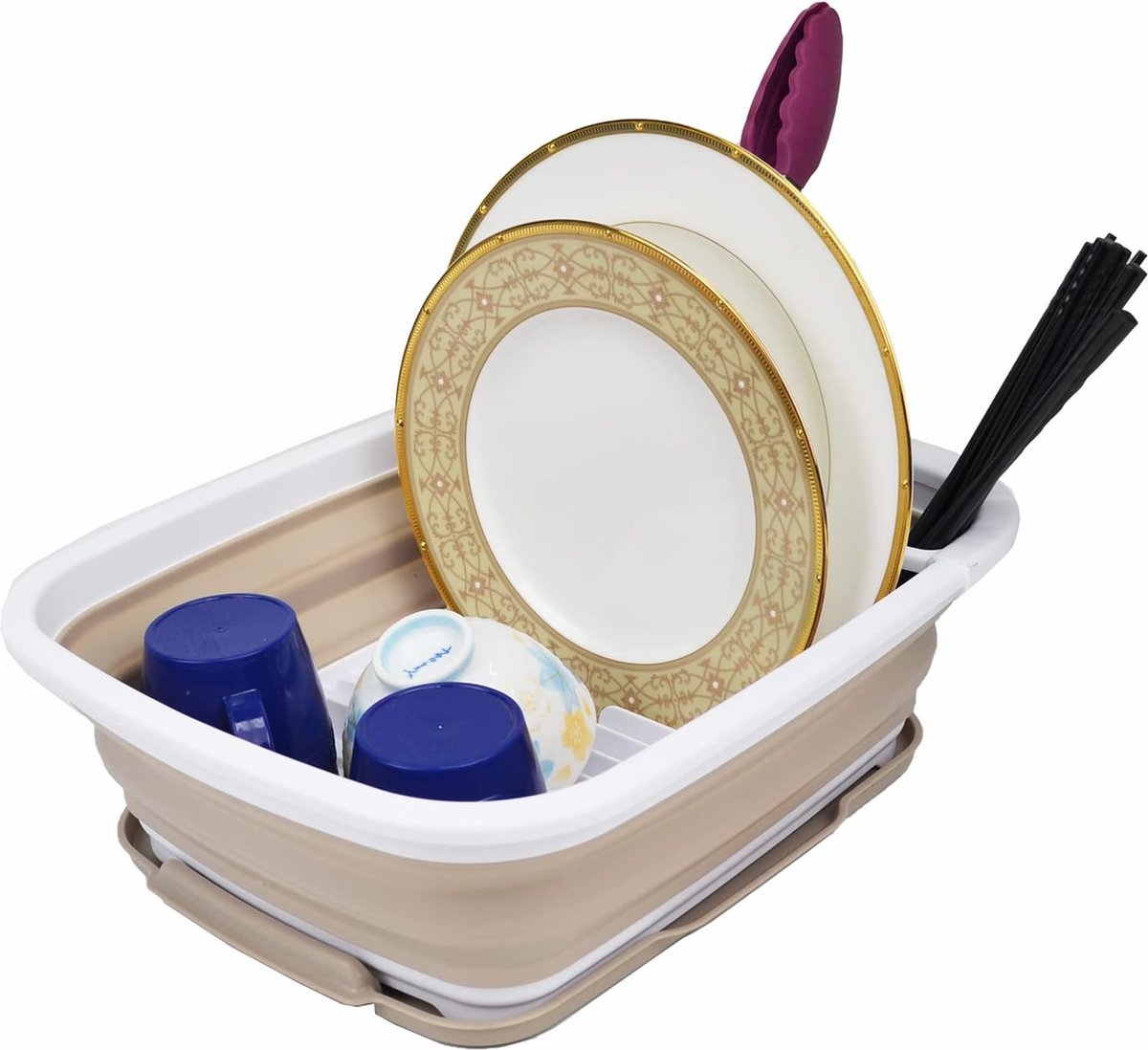 Goedkoopste 8 l inklapbaar afdruiprek van kunststof met afdruiprek, opvouwbaar wasrek-set, draagbare servies-organizer, ruimtebesparend (wit/latte, 1