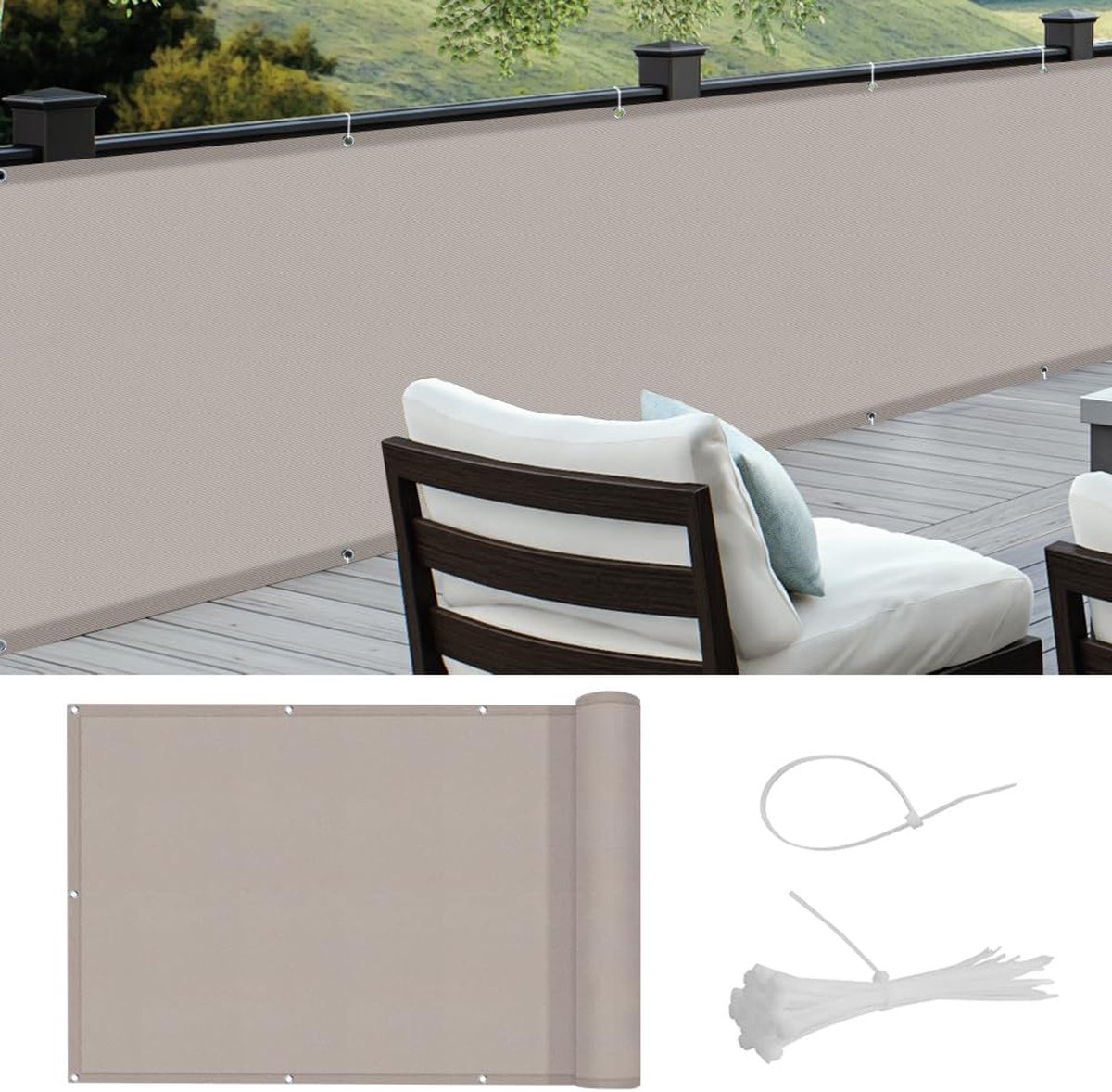 Balkon-privacyscherm, balkonrand PES waterdicht weerbestendig met kabelbinders, 90 x 300 cm, taupe