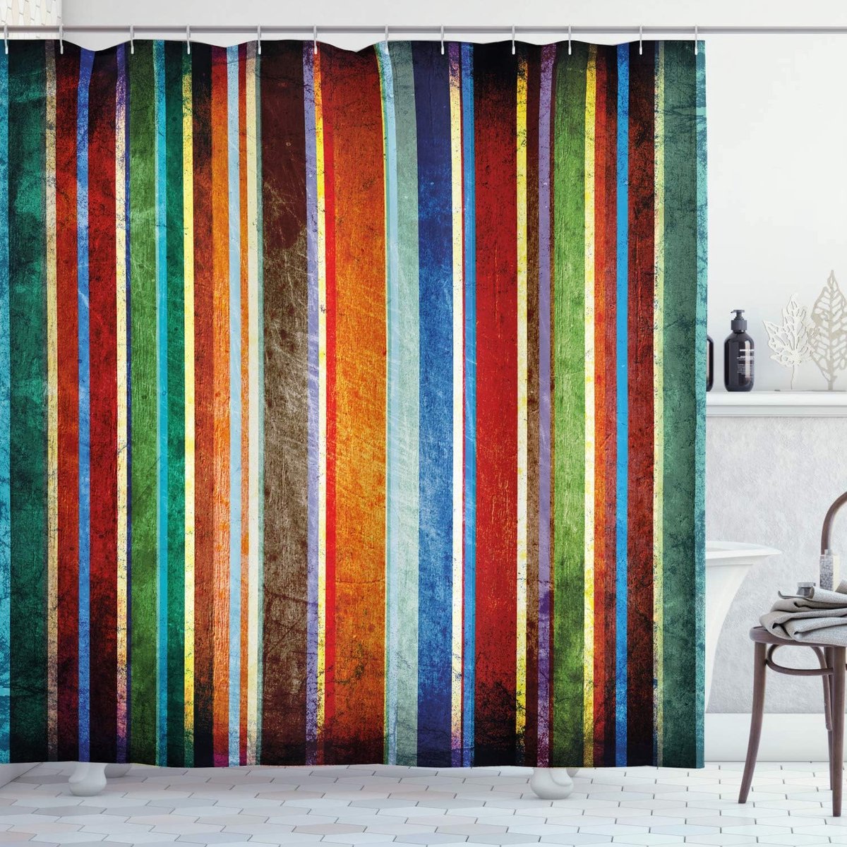 ABAKUHAUS Douchegordijn - 175cm x 200cm - Retro Colourful Ribbons - Wasbaar - Waterbestendig - anti schimmel Washable Shower Curtain