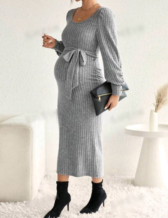 Sexy élégant ajustement fin longue stretch côtelé gris robe portefeuille robe de maternité robe de grossesse taille M