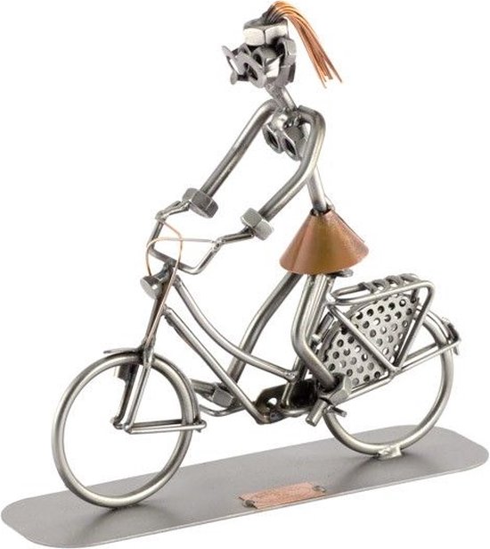 sculptuur vrouw op fiets beroepen beeldje - metaal 19x19,4x5 relatiegeschenken