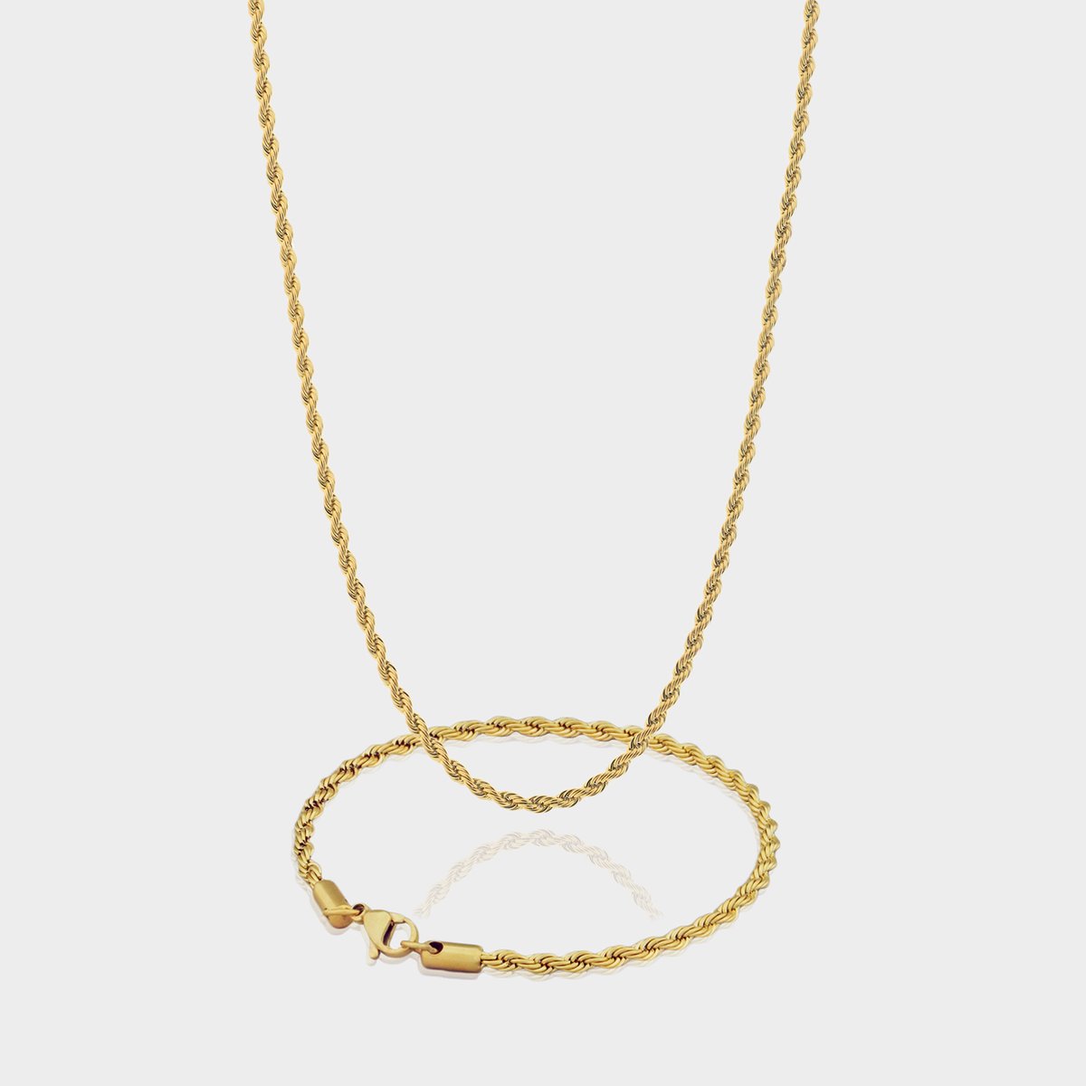 Rope Ketting 3 mm x Rope Armband 3 mm - Gouden Schakelketting en Schakelarmband Heren - 50/21 cm lang - Olympus Jewelry