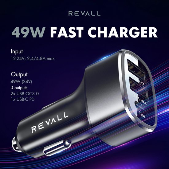 REVALL® 49W Snellader - Veilig en Compact - Autolader - Auto Oplader - Laad 5x zo snel - USB en USB-C - Metalen Behuizing met LED - REVALL