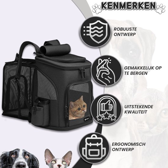 W&Z Luxe hondenrugzak - Hondenrugtas 8kg - Draagtas Hond - Reistas Kat - Huisdieren Reismand - Dieren Draagzak - Zwart - W&Z