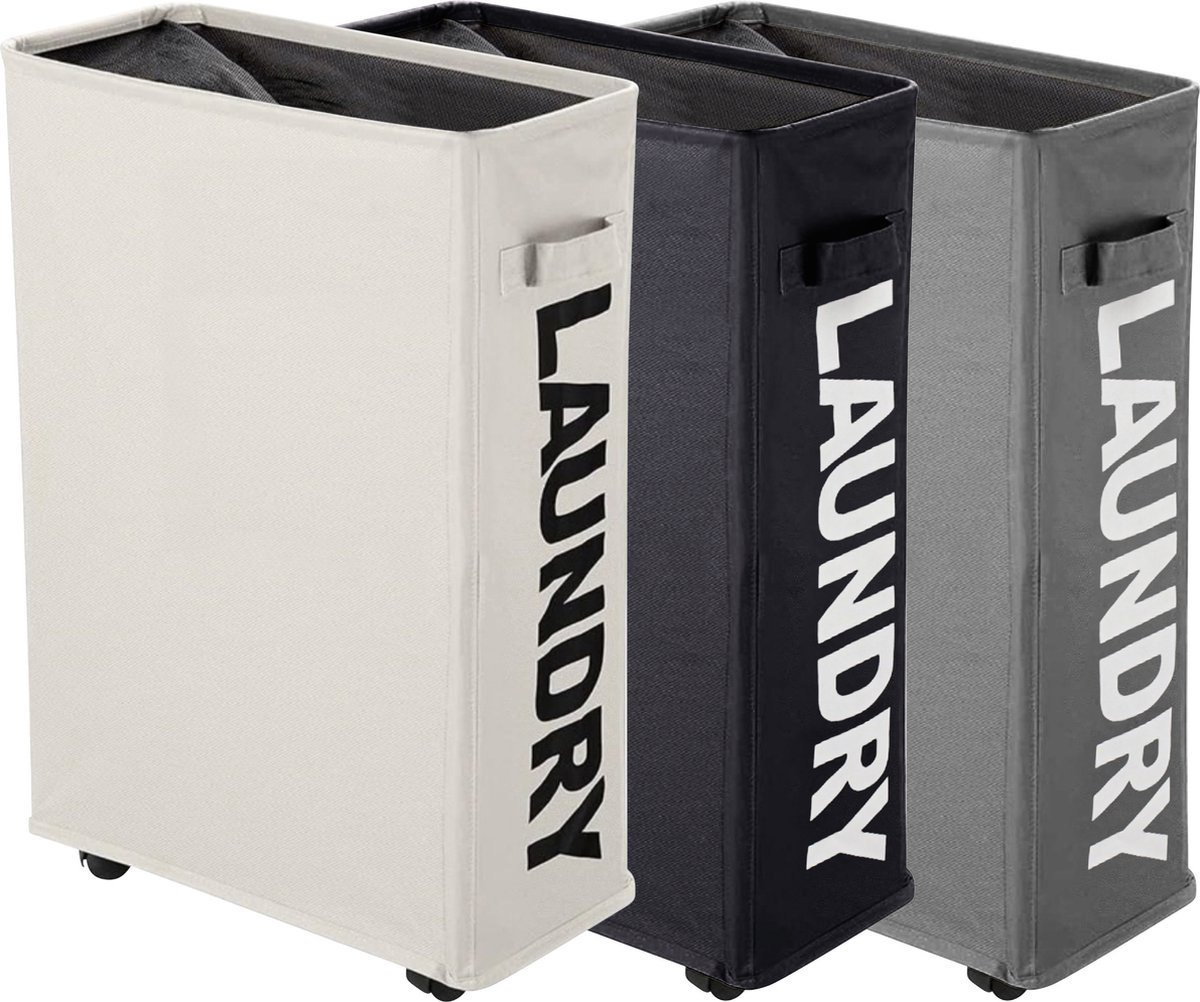 Goedkoopste W&Z® Wasmanden met deksel op wielen - Wassorteerder- wasmand 3 vakken - Opvouwbaar - 3 x 42L - Zwart Grijs Beige