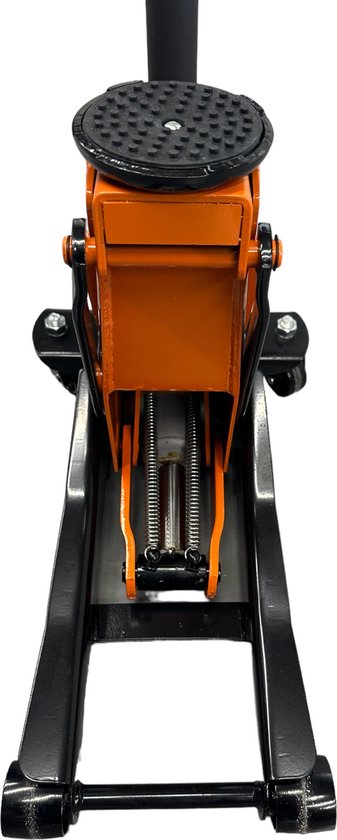 Vooraanzicht van een zwarte KromeKraft hydraulische krik met oranje hefmechanisme.