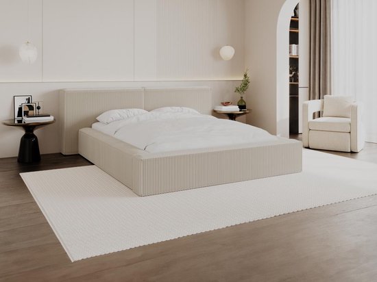 PASCAL MORABITO Bed met opbergruimte 140 x 190 cm - Ribfluweel - Beige + matras - TIMANO L 206 cm x H 90 cm x D 249 cm
