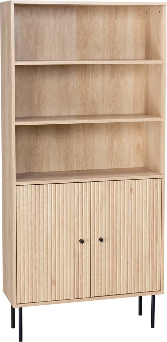 sweeek Boekenkast met 2 deurtjes en planken gegroefd houtdecor 80cm - braga Naturel