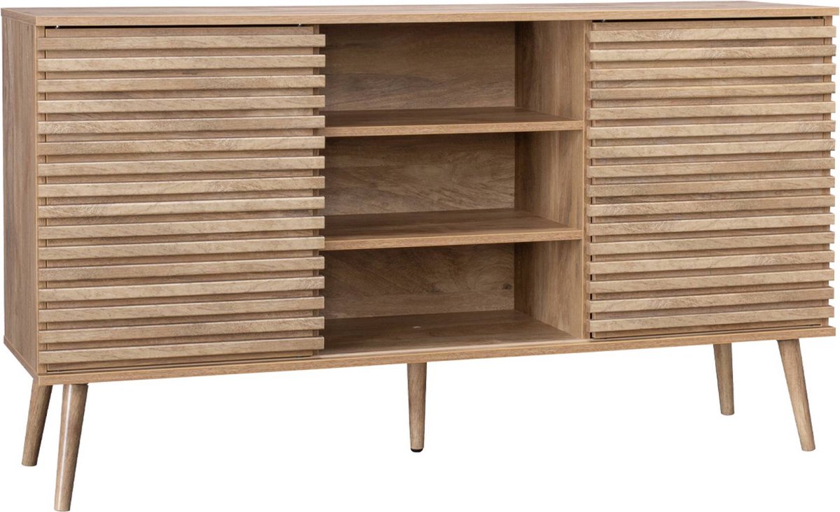 sweeek Dressoir 2 schuifdeuren en planken gegroefde houtlook 140cm - madere Naturel
