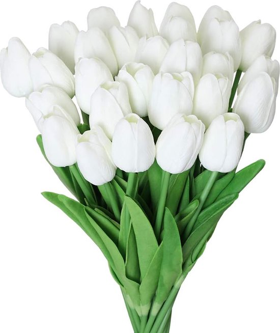 Tulipes artificielles Witte pour Pasen - Fleurs artificielles 30 pièces - Tulipes en latex - Tulipes de décoration de Pâques - Tulipes de fête de Pâques