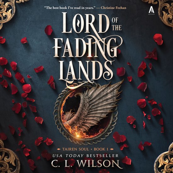Boekomslag van 'Lord of the Fading Lands' met een drakenkop in een medaillon, omringd door rode rozenblaadjes.