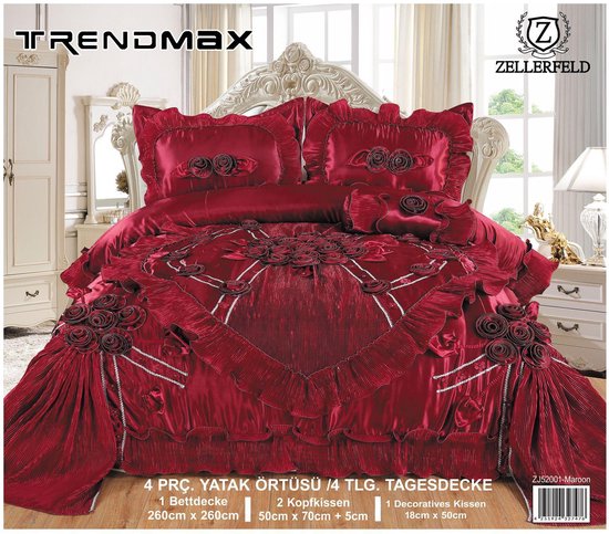Ultra luxe spreien set - Bedsprei - 100% katoen - Deken set - Bedsprei set van 4 - Deken/sprei 260x260 - 2 kussenslopen 50x70 +5cm - 1 decoratieve kussen - Rood