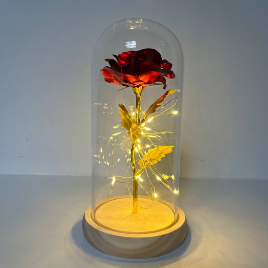 Gouden roos in glazen stolp met LED - Romantisch cadeau - Moederdag cadeau - Valentijn cadeautje - Het Origineel - Cadeau voor vrouw, vriendin, haar - Huwelijk - Sfeervol licht - Licht Houten Onderkant - Minder Verbruik