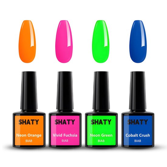 Vier neonkleurige nagellak flessen (oranje, fuchsia, groen, blauw) en vier bijpassende nagelkleuren.